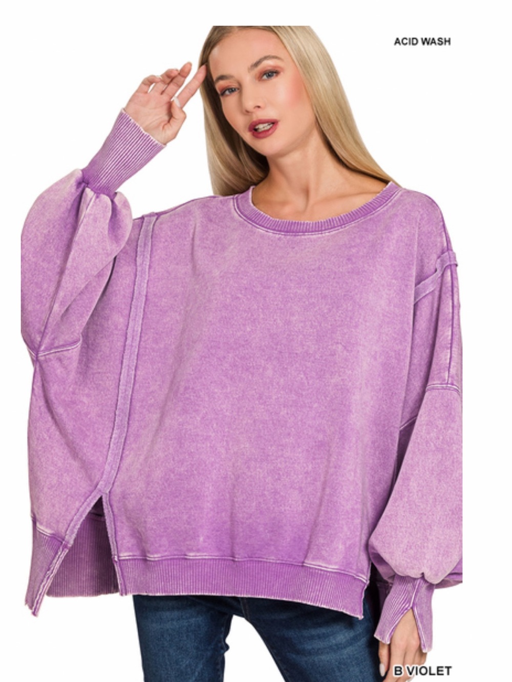 183 Zenana b violet acid WASHED
BATWING SLEEVE
FLEECE SWEATSHIRT